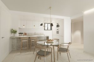 Moderne, offene Küche mit Essplatz